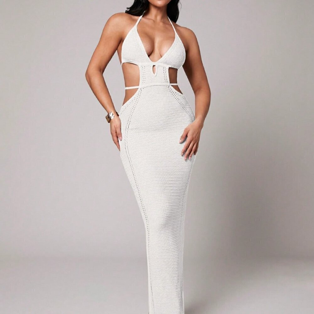 White Boho Crochet Deep V-Neck Hollow Slit Mid-Length Women's Cover Up Dress